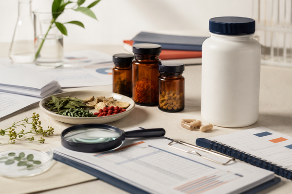 Botanical supplement ingredients and compliance documentation being reviewed before launch