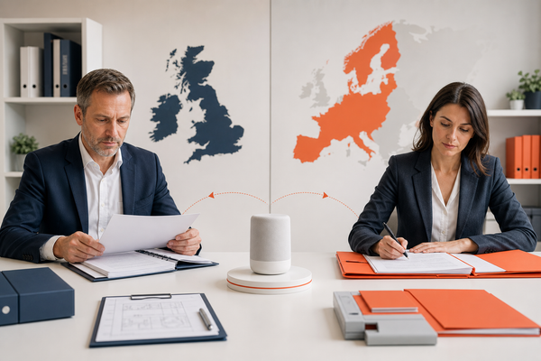 UK and European product-compliance representatives reviewing separate regulatory documentation